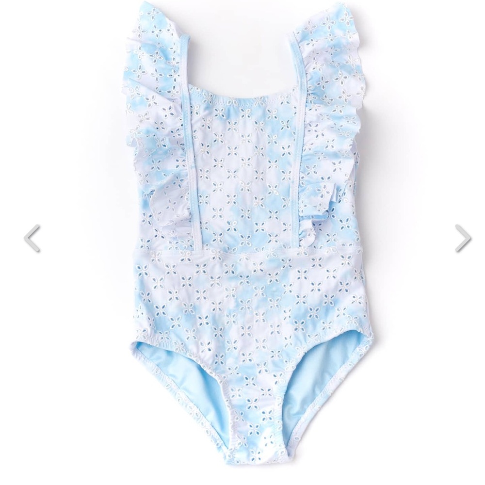 Shade Critters: Blue Skies Girls Eyelet Ruffle Shoulder One Piece Swimsuit